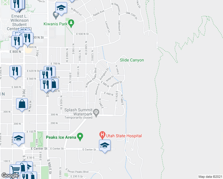 map of restaurants, bars, coffee shops, grocery stores, and more near 554 Summit Drive in Provo