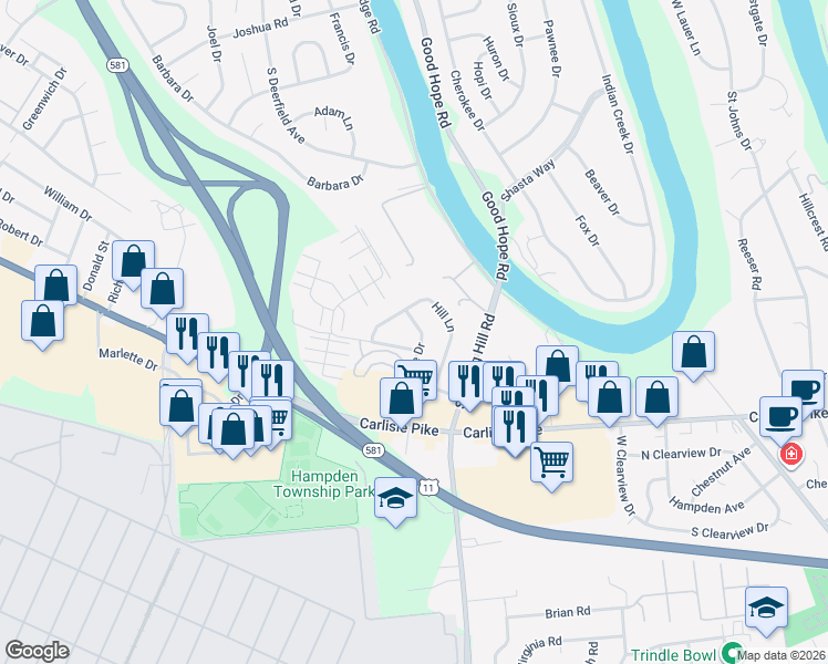 map of restaurants, bars, coffee shops, grocery stores, and more near 119 Lighthouse Drive in Mechanicsburg