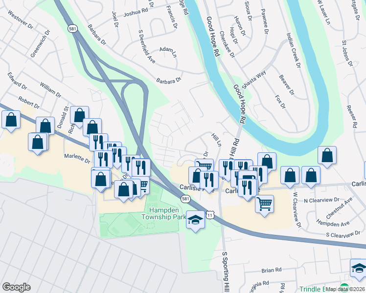 map of restaurants, bars, coffee shops, grocery stores, and more near 144 Hill Lane in Mechanicsburg