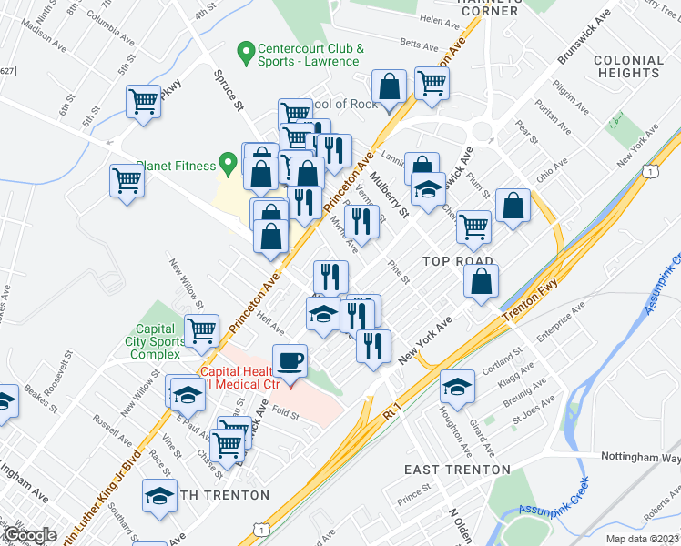 map of restaurants, bars, coffee shops, grocery stores, and more near 829 Spruce Street in Trenton