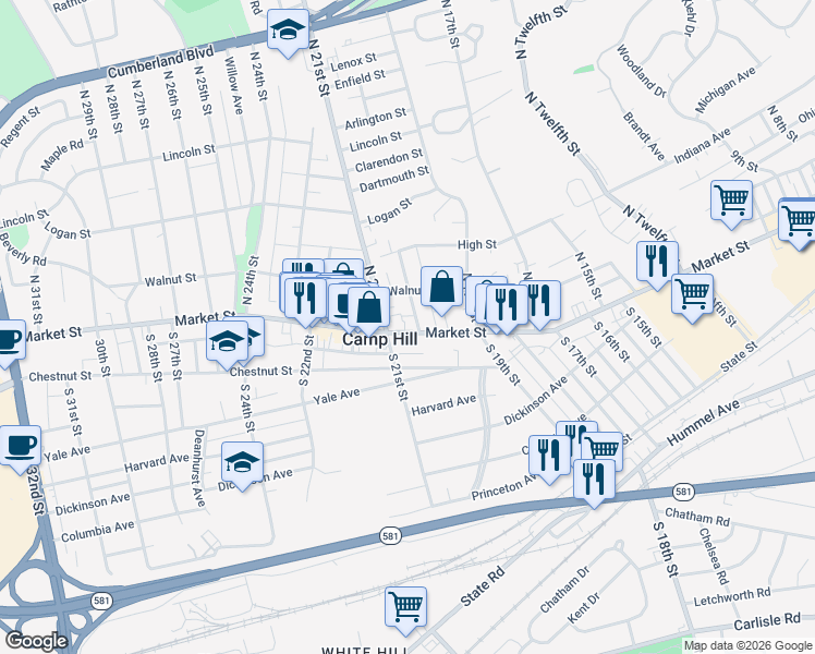 map of restaurants, bars, coffee shops, grocery stores, and more near 15 North 20th Street in Camp Hill