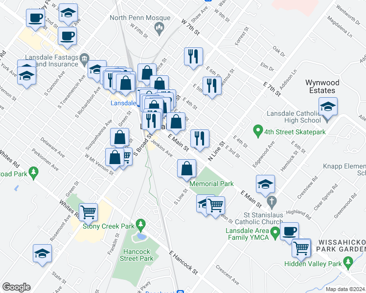 map of restaurants, bars, coffee shops, grocery stores, and more near 114 East Main Street in Lansdale