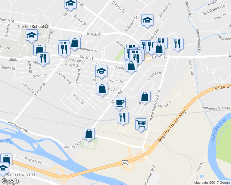 map of restaurants, bars, coffee shops, grocery stores, and more near 1322 Cherry Street in Pottstown