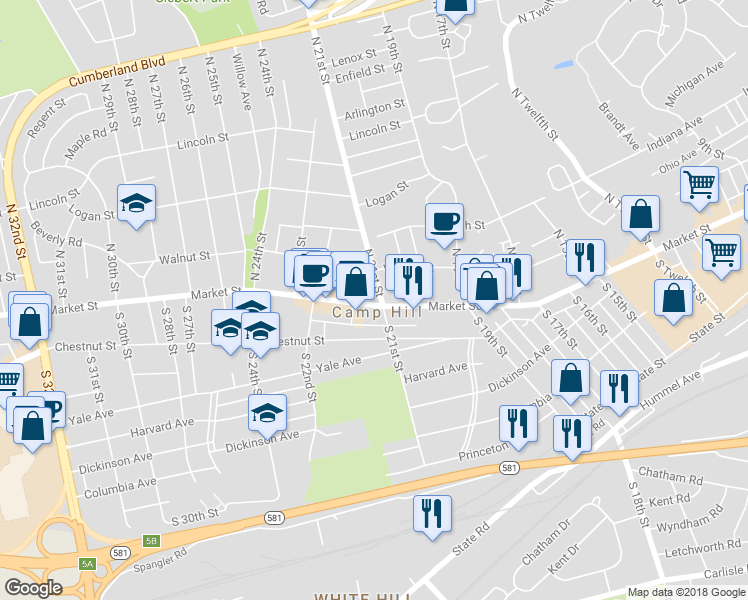 map of restaurants, bars, coffee shops, grocery stores, and more near 2106 Market Street in Camp Hill