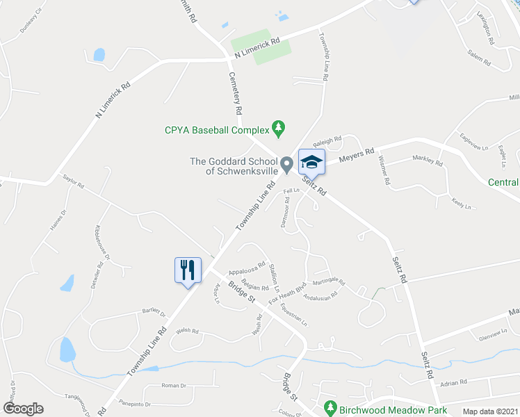 map of restaurants, bars, coffee shops, grocery stores, and more near 334 Fell Lane in Schwenksville