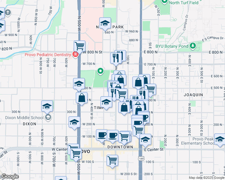 map of restaurants, bars, coffee shops, grocery stores, and more near 250 500 North in Provo