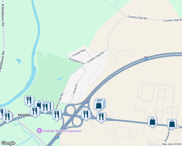 map of restaurants, bars, coffee shops, grocery stores, and more near 25 Circle Drive in Carlisle