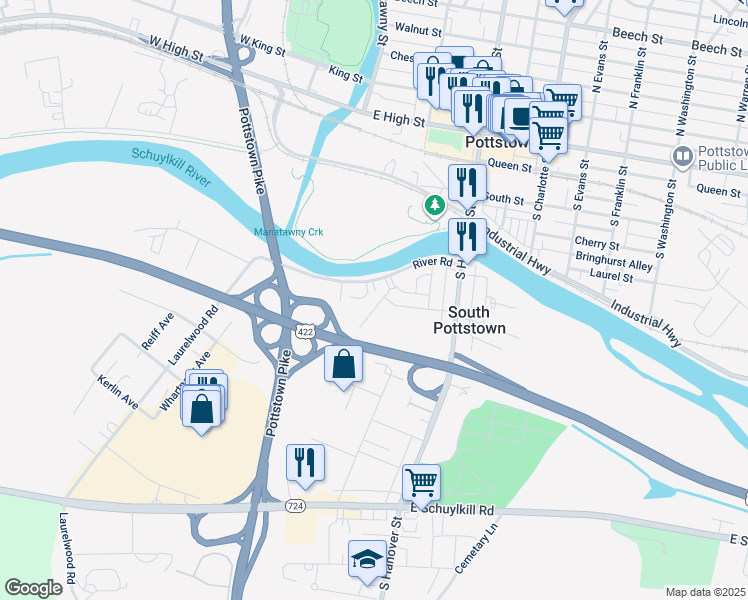map of restaurants, bars, coffee shops, grocery stores, and more near 319 Elm Street in Pottstown