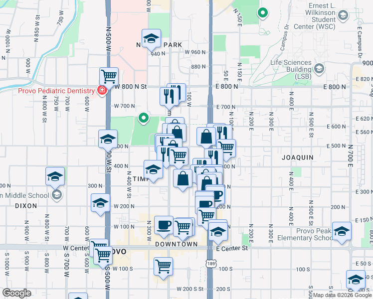 map of restaurants, bars, coffee shops, grocery stores, and more near 68 500 North in Provo