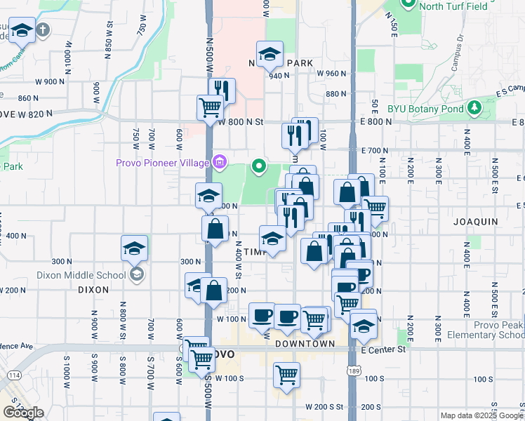 map of restaurants, bars, coffee shops, grocery stores, and more near 345 500 North in Provo