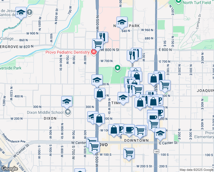 map of restaurants, bars, coffee shops, grocery stores, and more near 400 500 North in Provo