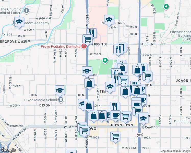 map of restaurants, bars, coffee shops, grocery stores, and more near 423 500 North in Provo