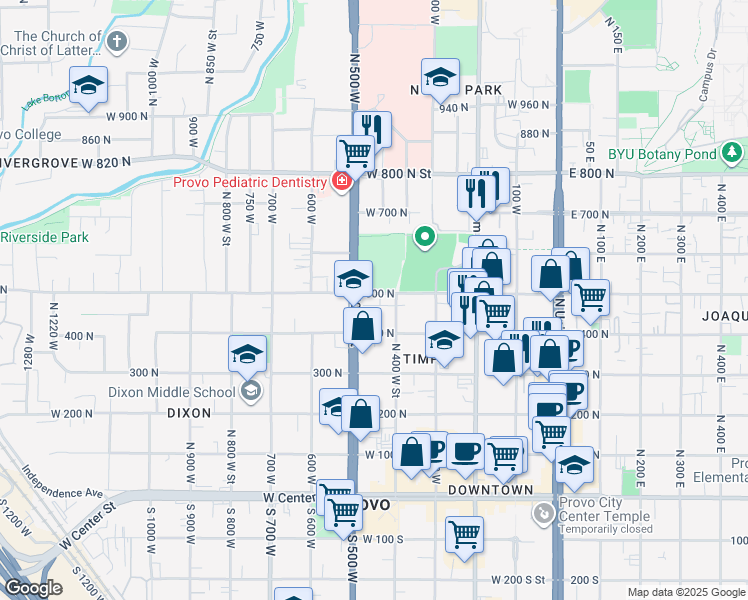 map of restaurants, bars, coffee shops, grocery stores, and more near 400 500 North in Provo