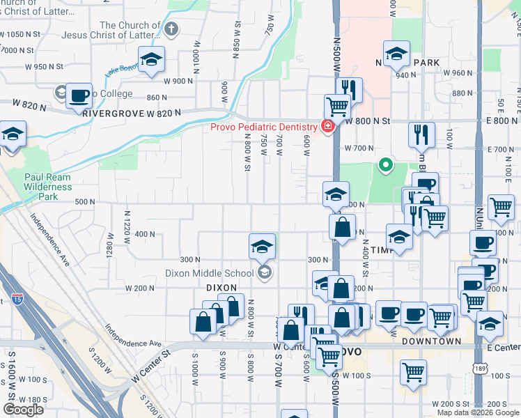 map of restaurants, bars, coffee shops, grocery stores, and more near 512 750 West in Provo