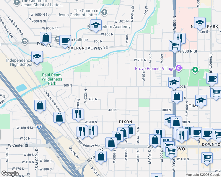 map of restaurants, bars, coffee shops, grocery stores, and more near 1024 500 North in Provo
