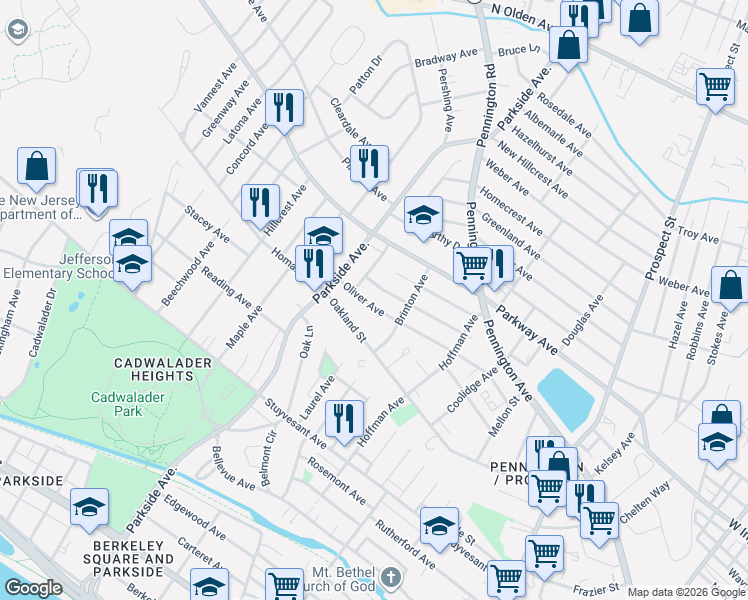 map of restaurants, bars, coffee shops, grocery stores, and more near 228 Huff Avenue in Trenton