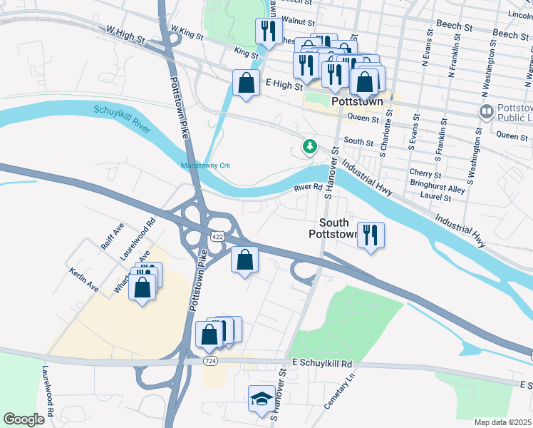 map of restaurants, bars, coffee shops, grocery stores, and more near 319 Elm Street in Pottstown
