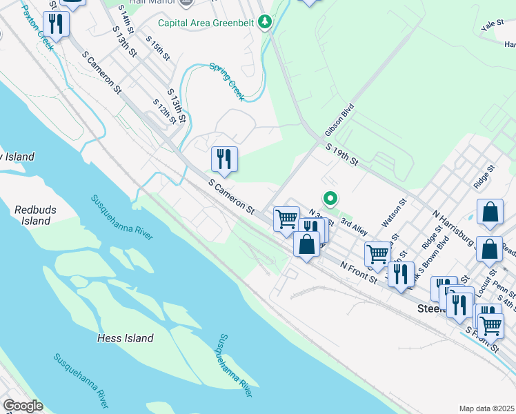 map of restaurants, bars, coffee shops, grocery stores, and more near 1713 South Cameron Street in Harrisburg