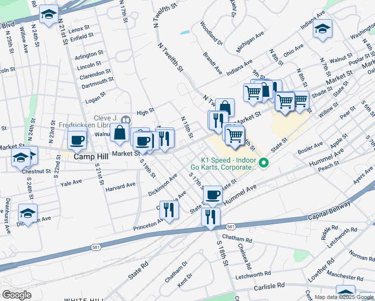 map of restaurants, bars, coffee shops, grocery stores, and more near 1509 Market Street in Camp Hill