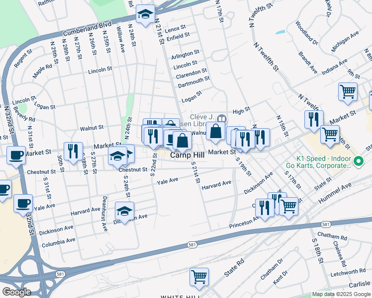 map of restaurants, bars, coffee shops, grocery stores, and more near in Camp Hill