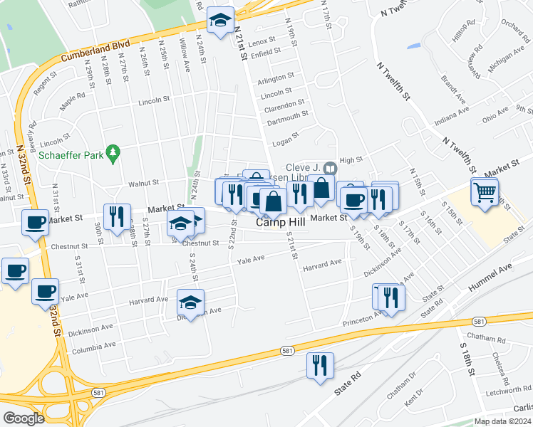 map of restaurants, bars, coffee shops, grocery stores, and more near 2136 Market Street in Camp Hill