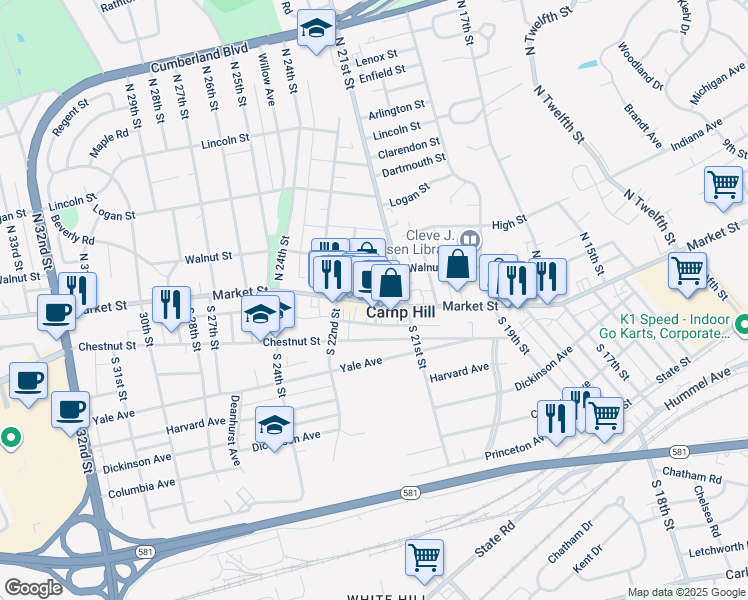 map of restaurants, bars, coffee shops, grocery stores, and more near 2136 Market Street in Camp Hill