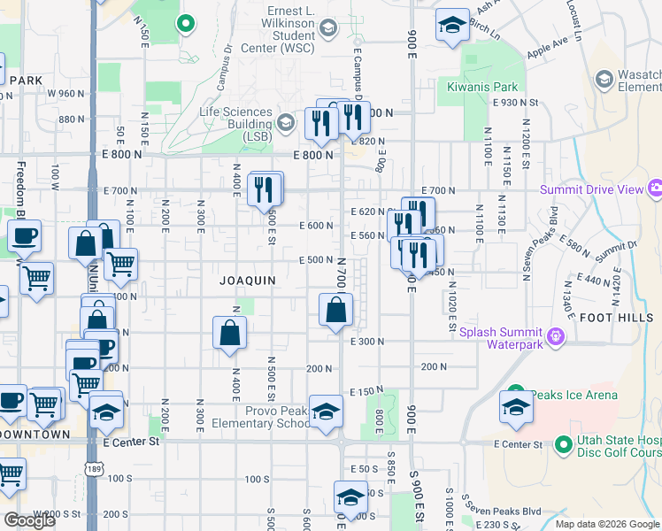 map of restaurants, bars, coffee shops, grocery stores, and more near 668 East 500 North in Provo