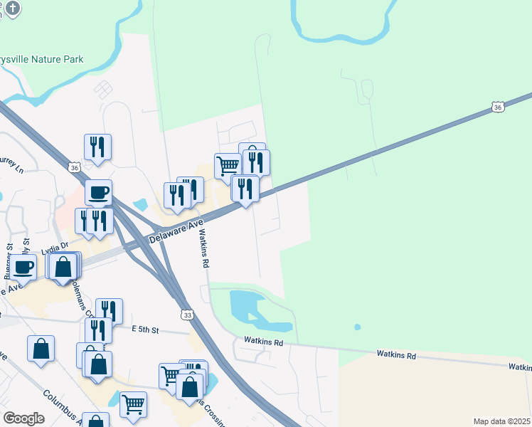 map of restaurants, bars, coffee shops, grocery stores, and more near 15461 US Highway 36 in Marysville