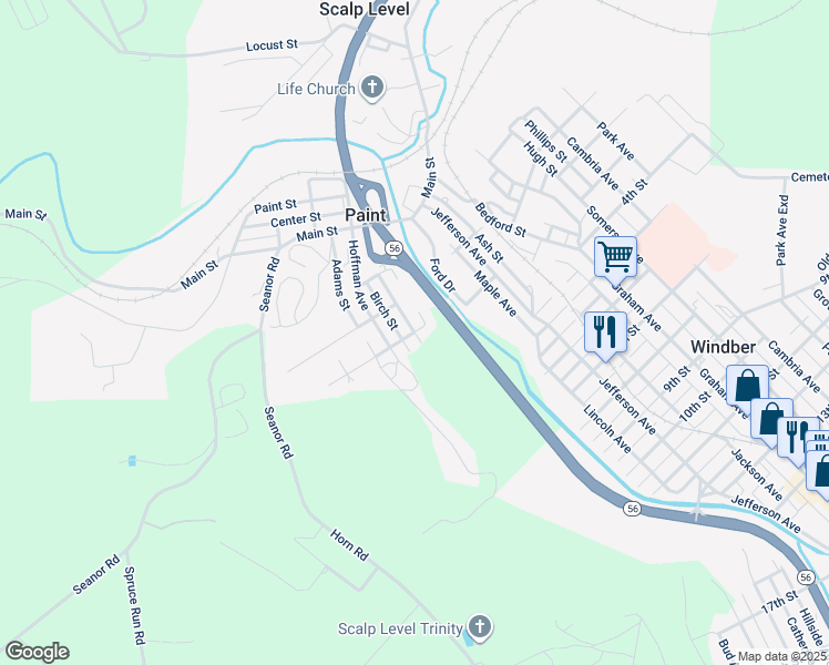 map of restaurants, bars, coffee shops, grocery stores, and more near Cherry St in Windber