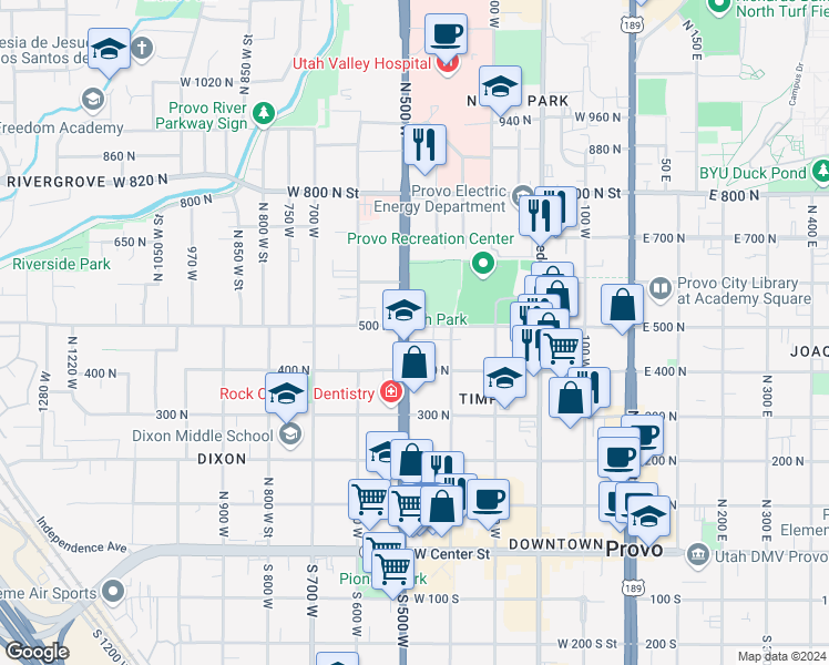 map of restaurants, bars, coffee shops, grocery stores, and more near 500 500 North in Provo