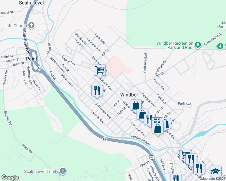 map of restaurants, bars, coffee shops, grocery stores, and more near 713 Graham Avenue in Windber