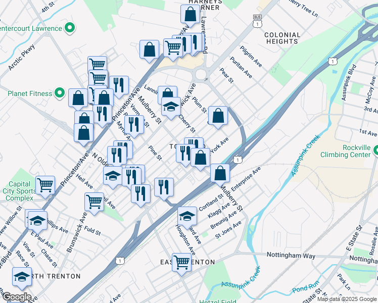 map of restaurants, bars, coffee shops, grocery stores, and more near 610 Mulberry Street in Trenton