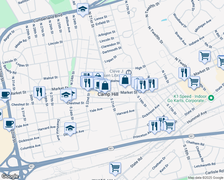 map of restaurants, bars, coffee shops, grocery stores, and more near in Camp Hill