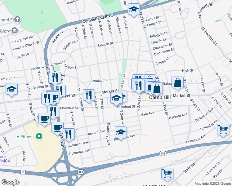 map of restaurants, bars, coffee shops, grocery stores, and more near 2501 Market Street in Camp Hill