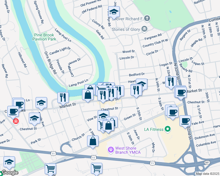 map of restaurants, bars, coffee shops, grocery stores, and more near 3605 Kohler Place in Camp Hill