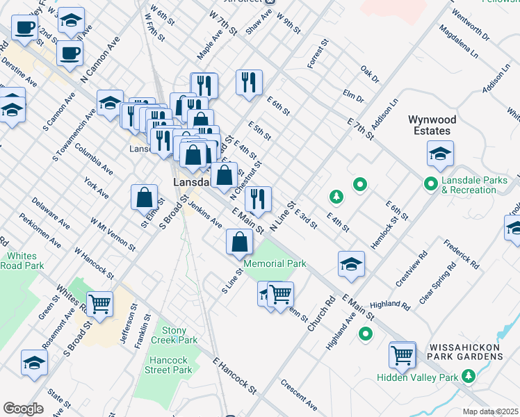 map of restaurants, bars, coffee shops, grocery stores, and more near 146 East 2nd Street in Lansdale