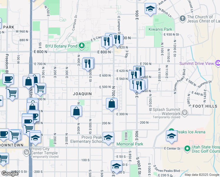 map of restaurants, bars, coffee shops, grocery stores, and more near 664 East 500 North in Provo