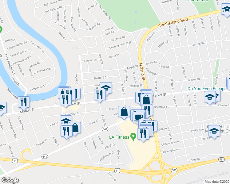 map of restaurants, bars, coffee shops, grocery stores, and more near 3411 Walnut Street in Camp Hill
