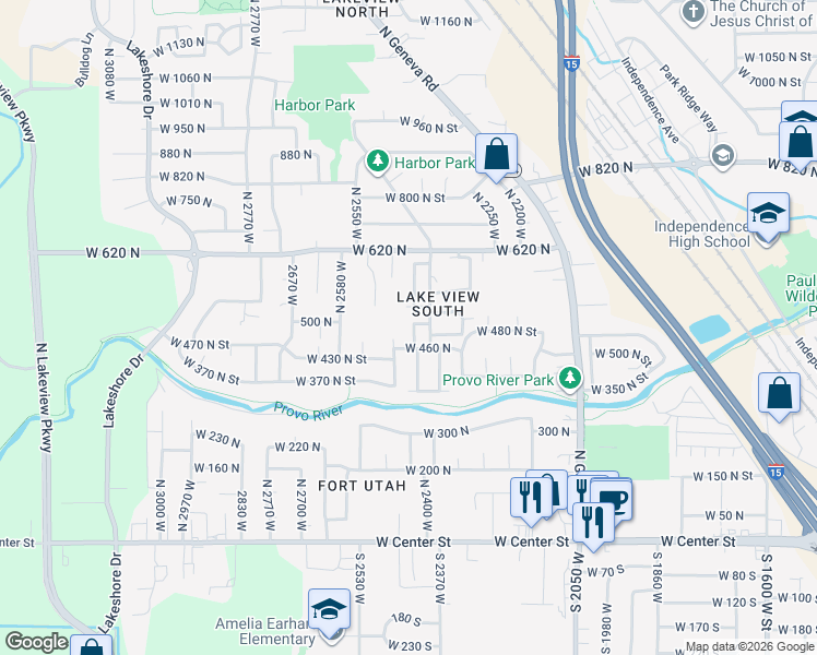 map of restaurants, bars, coffee shops, grocery stores, and more near 483 North 2430 West in Provo