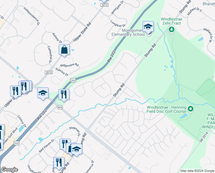 map of restaurants, bars, coffee shops, grocery stores, and more near 115 Blue Ribbon Drive in North Wales