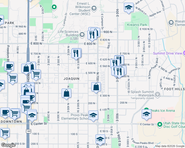 map of restaurants, bars, coffee shops, grocery stores, and more near 642 East 500 North in Provo