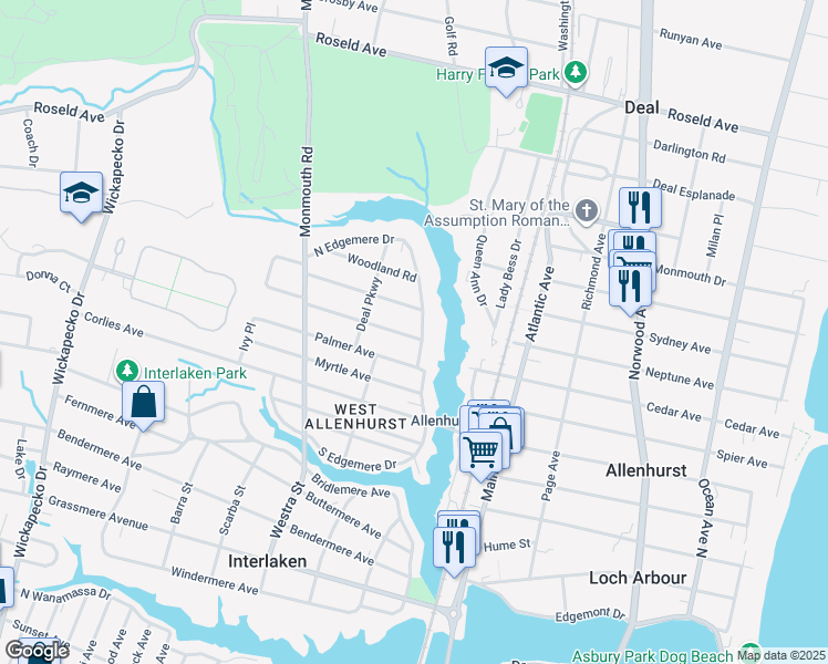 map of restaurants, bars, coffee shops, grocery stores, and more near 511 Wildwood Road in Allenhurst