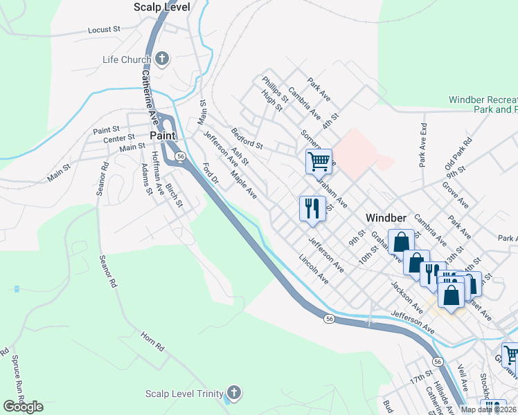 map of restaurants, bars, coffee shops, grocery stores, and more near 264 Maple Avenue in Windber