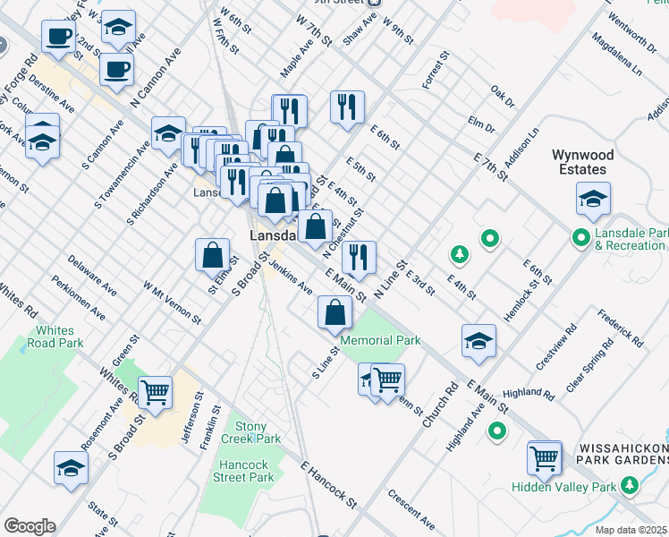 map of restaurants, bars, coffee shops, grocery stores, and more near 116 East 2nd Street in Lansdale