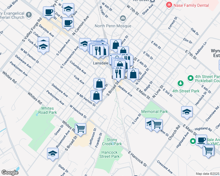 map of restaurants, bars, coffee shops, grocery stores, and more near 100 South Broad Street in Lansdale