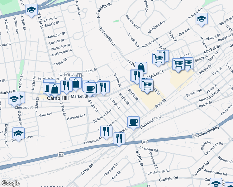 map of restaurants, bars, coffee shops, grocery stores, and more near 1611 Market Street in Camp Hill