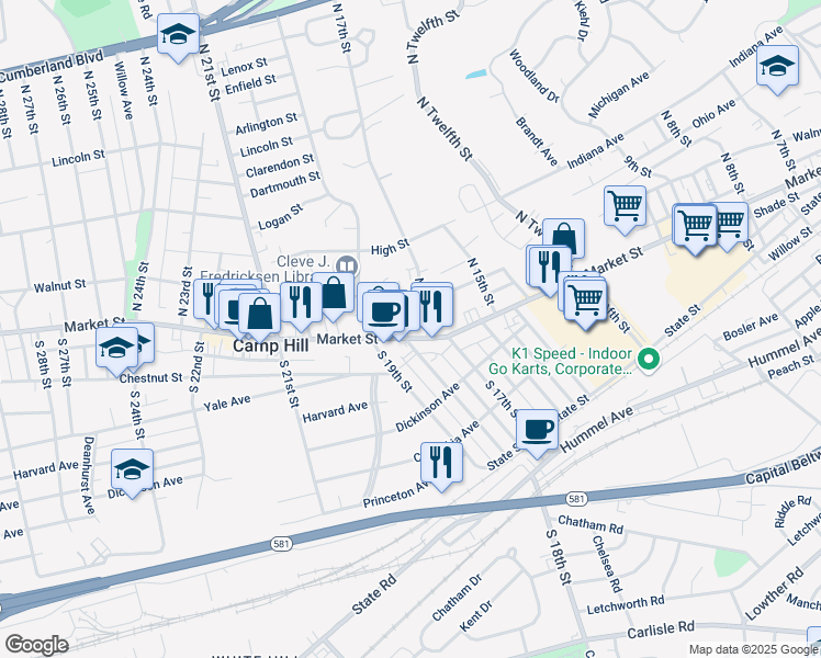 map of restaurants, bars, coffee shops, grocery stores, and more near 1710 Market Street in Camp Hill
