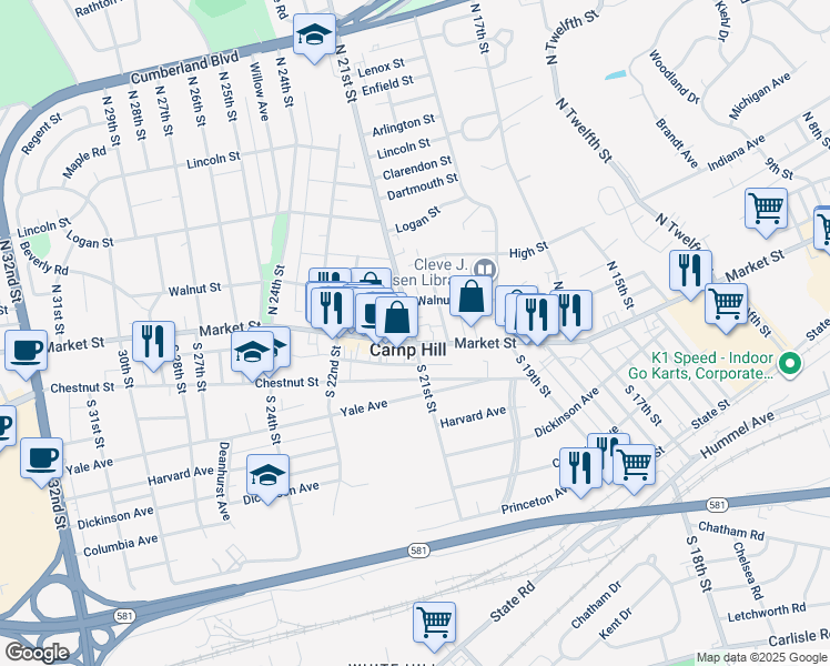 map of restaurants, bars, coffee shops, grocery stores, and more near in Camp Hill