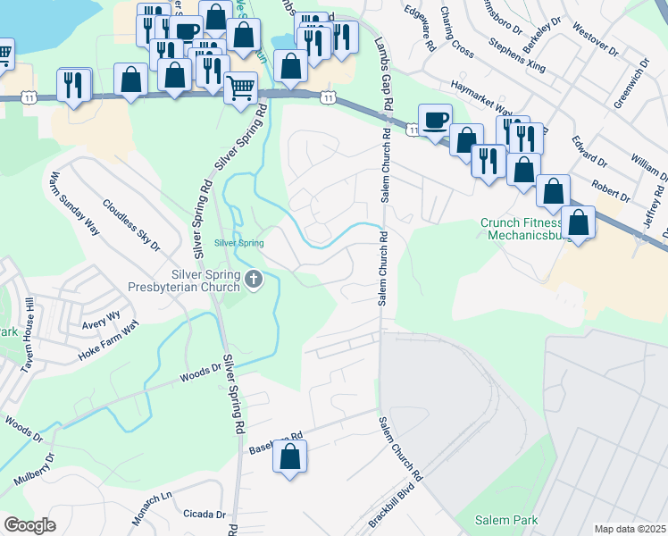 map of restaurants, bars, coffee shops, grocery stores, and more near 123 Salem Church Road in Mechanicsburg