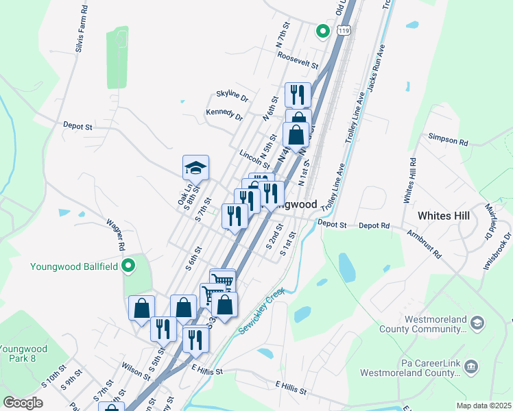 map of restaurants, bars, coffee shops, grocery stores, and more near 12 North 4th Street in Youngwood